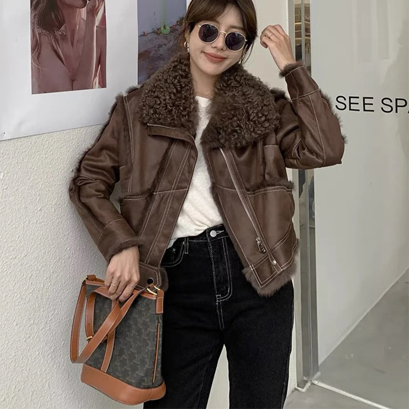 

Новое поступление, Зимняя женская теплая куртка из натурального кроличьего меха, с воротником из натурального меха ягненка, короткая женская верхняя одежда