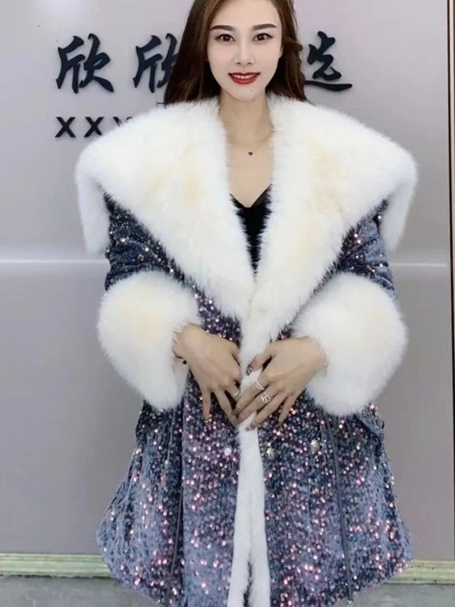 Luxury Sequins Elegant Fur Coat Fashion Plush Fleece-Lined Thickened Loose-Fit Jacket Autumn Winter Elegant Mid-Length Jackets