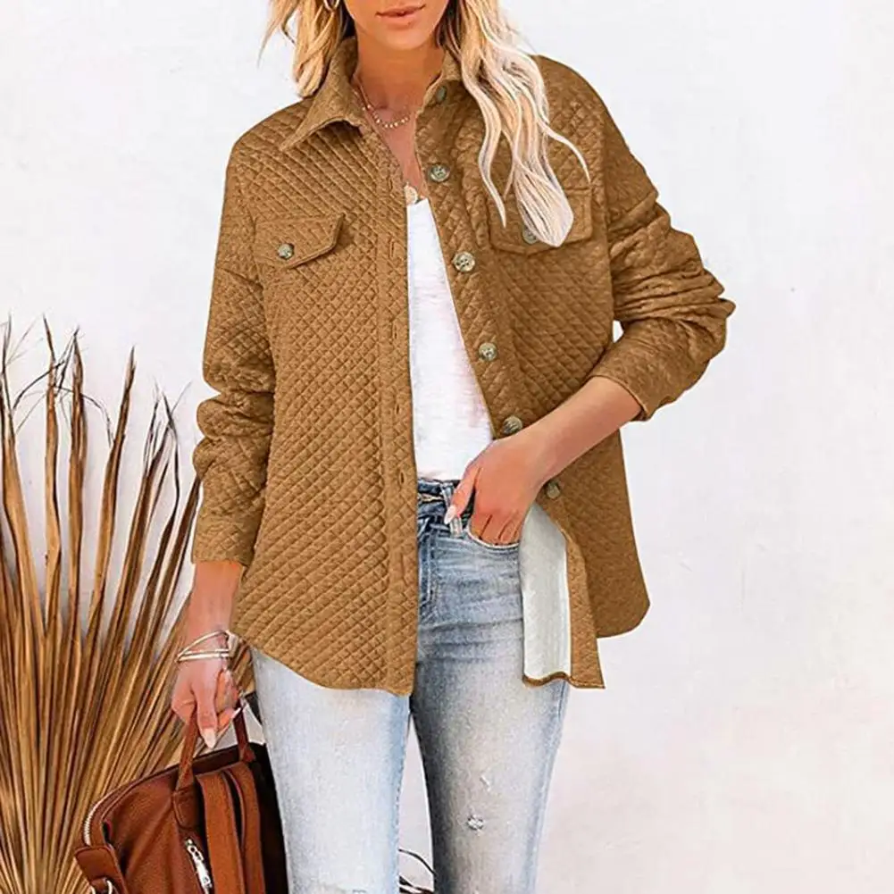 

Quilted Women Outerwear Oversized Quilted Shirt Jacket Stylish Lapel Long Sleeve Fake Pockets Women's Autumn Winter Casual
