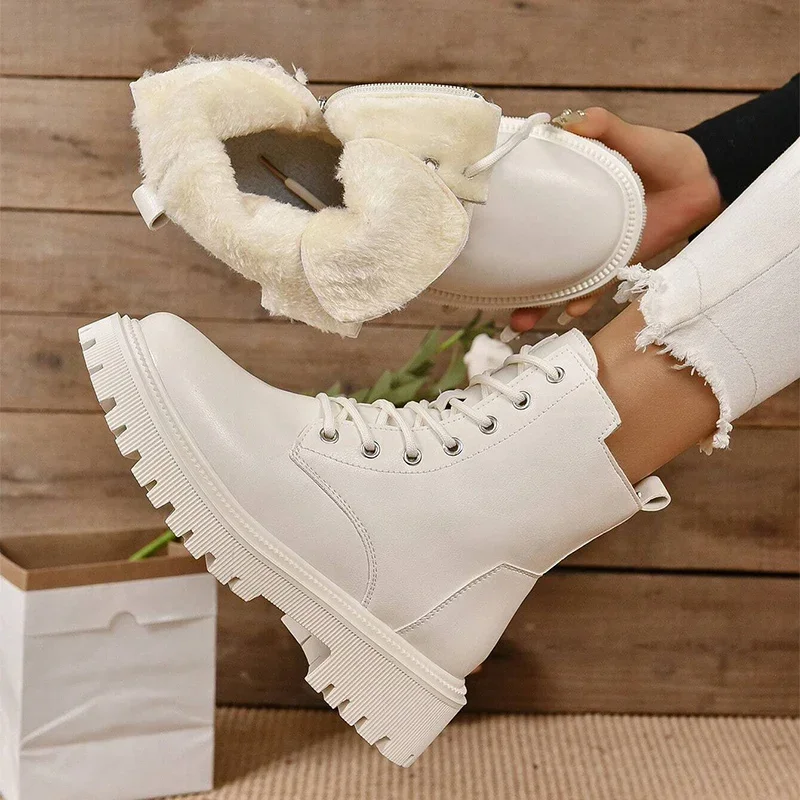 Women's High Top Short Boots, Casual Lace Up Plush Ankle Boots, Comfortable Faux Leather Sewing Boots