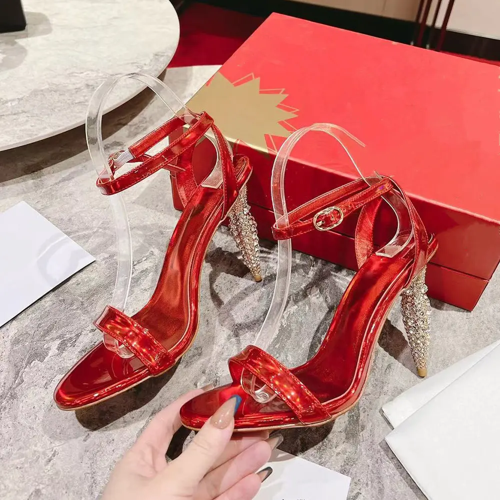 

Casual Designer Fashion Women Shoes Genuine Leather Strappy Crystal Strass Peep Toe High Heels Slingback Zapatos Mujer Sandals