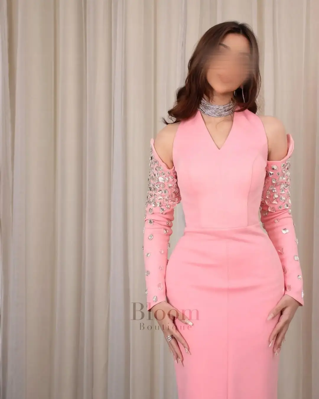 

Sexy Women's Pink Long Sleeves Crystals Prom Dresses Ankle Length Formal Occasion Dress Temperament Evening Dress