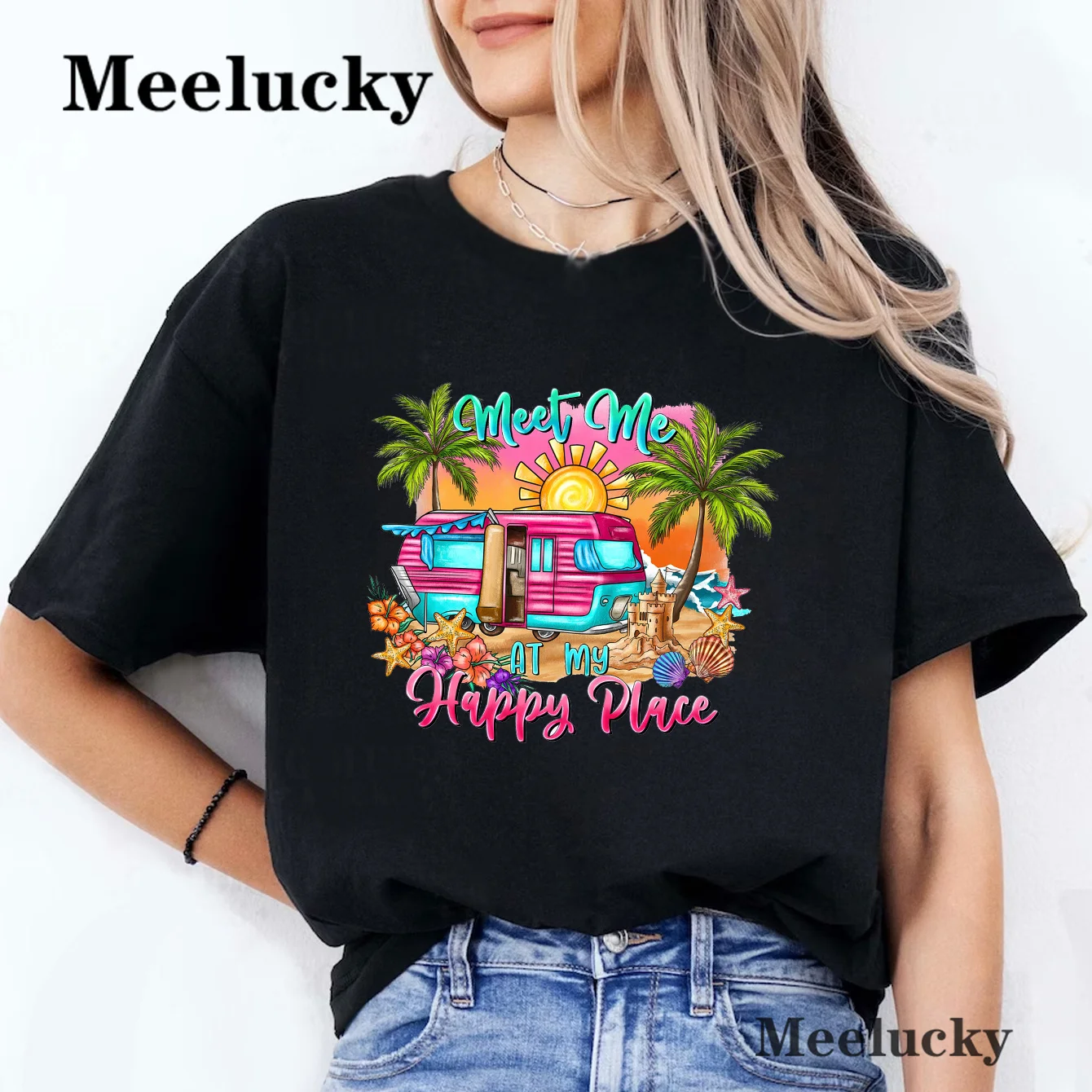 

Meet Me At My Happy Place 100% Cotton Women's Short Sleeved T-shirt Leisure Street Top