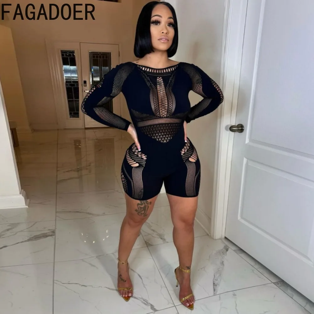 FAGADOER Sexy Thick Lace Hollow Knitting Bodycon Rompers Women Off Shoulder Long Sleeve Slim Jumpsuits Fashion Solid Playsuits