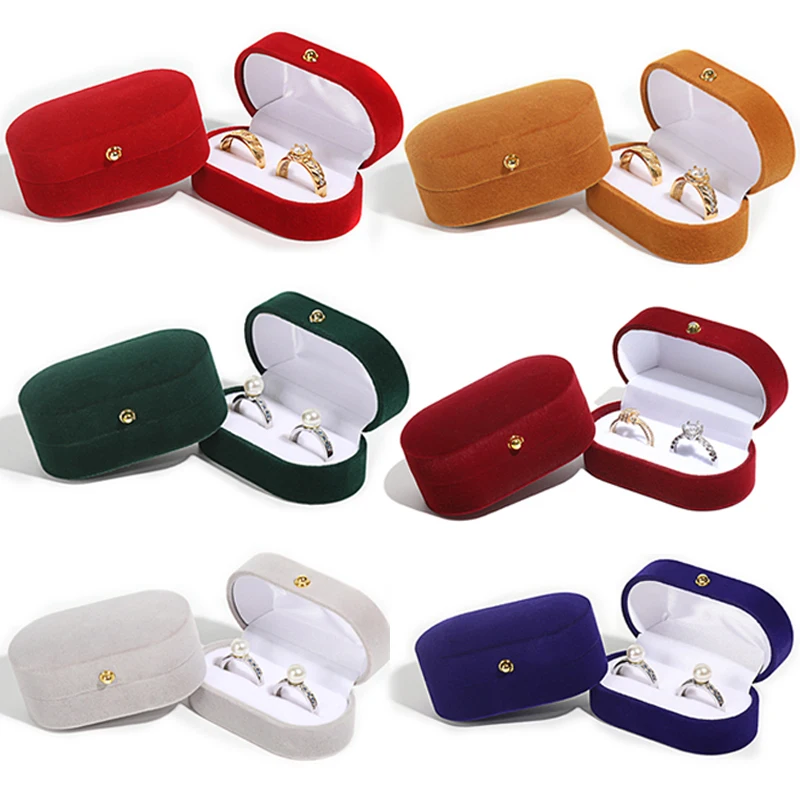 DoubleSlotsLuxuryVelvetWeddingRingBoxOvalFlipJewelryBox