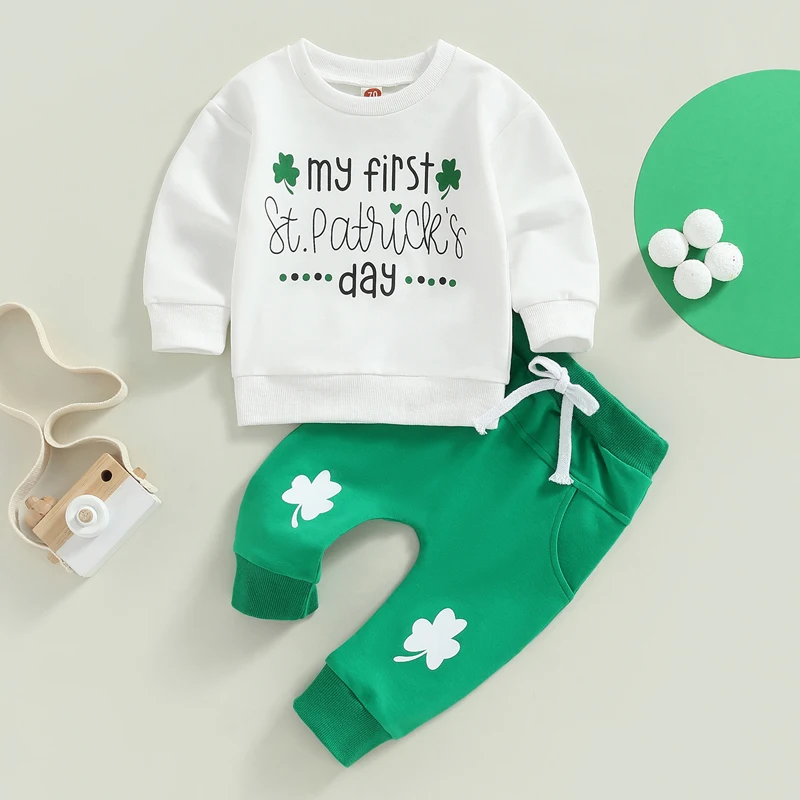 

2022-11-21 Lioraitiin 0-18M Infant Baby 2Pcs Outfits Long Sleeve Shamrock Letter Print Sweatshirt Tops Pants St. Patrick's Day