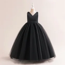 Elegant Girls' White Bridesmaid and Party Dress with Bow Detail - Size 8 (Black)