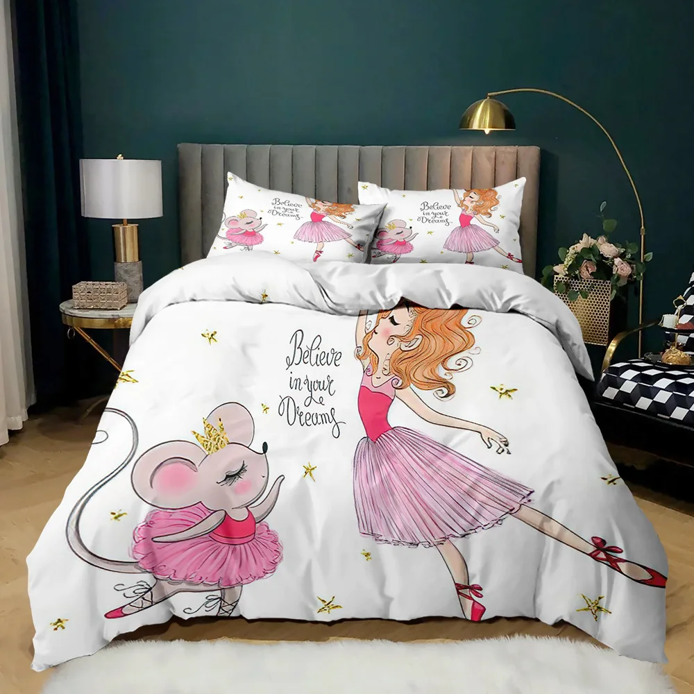 

Ballet Girl Duvet Cover King Queen Watercolor Sketch Style Bedding Set for Kids Cartoon Pink Female Dancer Polyester Quilt Cover