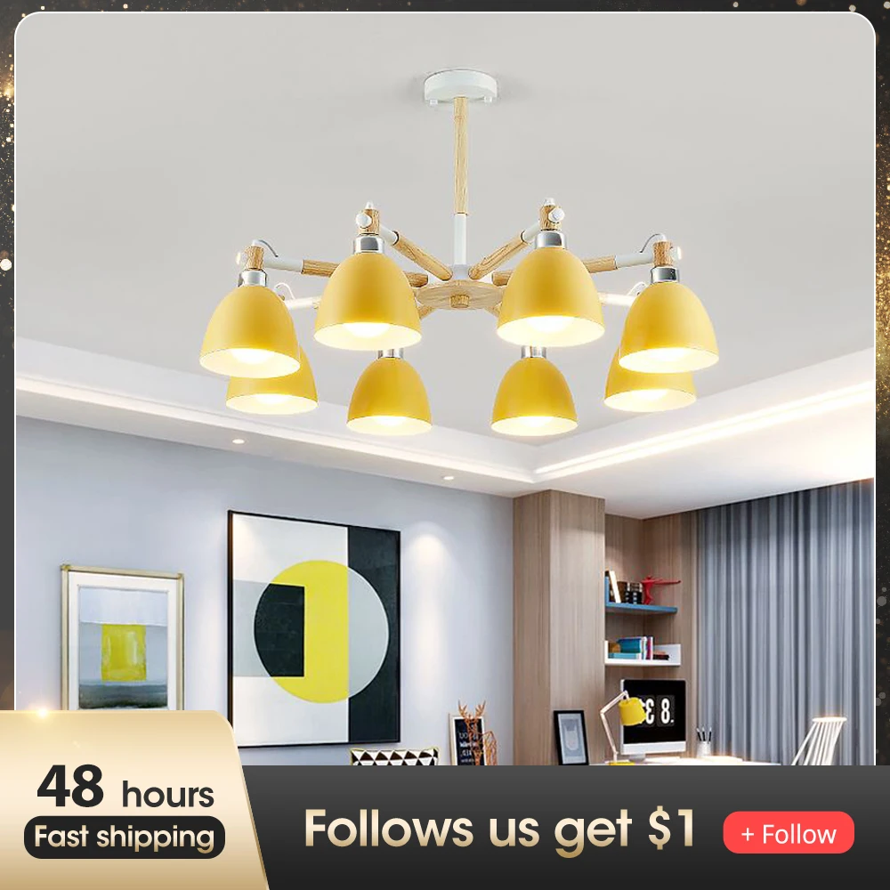 

Wooden Pendant Room Decor Yellow Chandelier Led Lights for Bedroom Creative Lamp Hanging Lamp Ceiling Pendant for Living Room