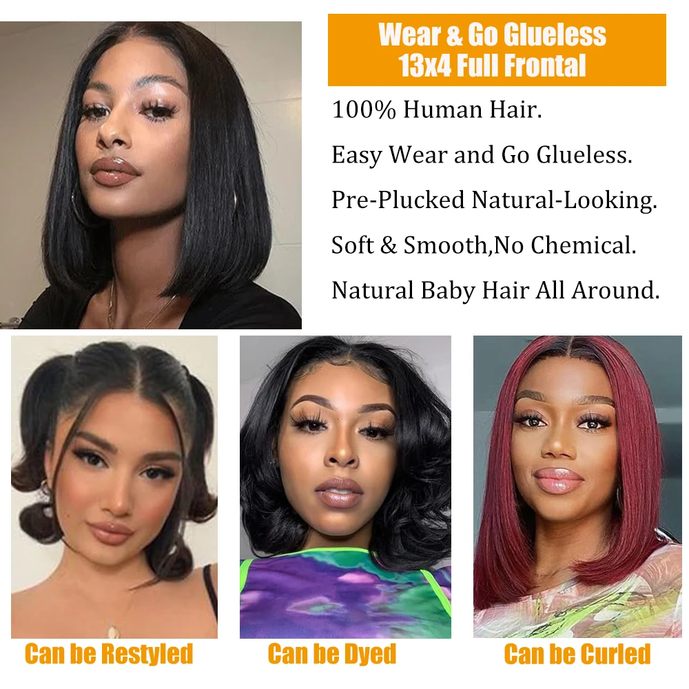Short Bob Wig Human Hair 13x4 Lace Transparent Frontal Human Hair Wig Straight 180% Density Glueless 8-14 Inch