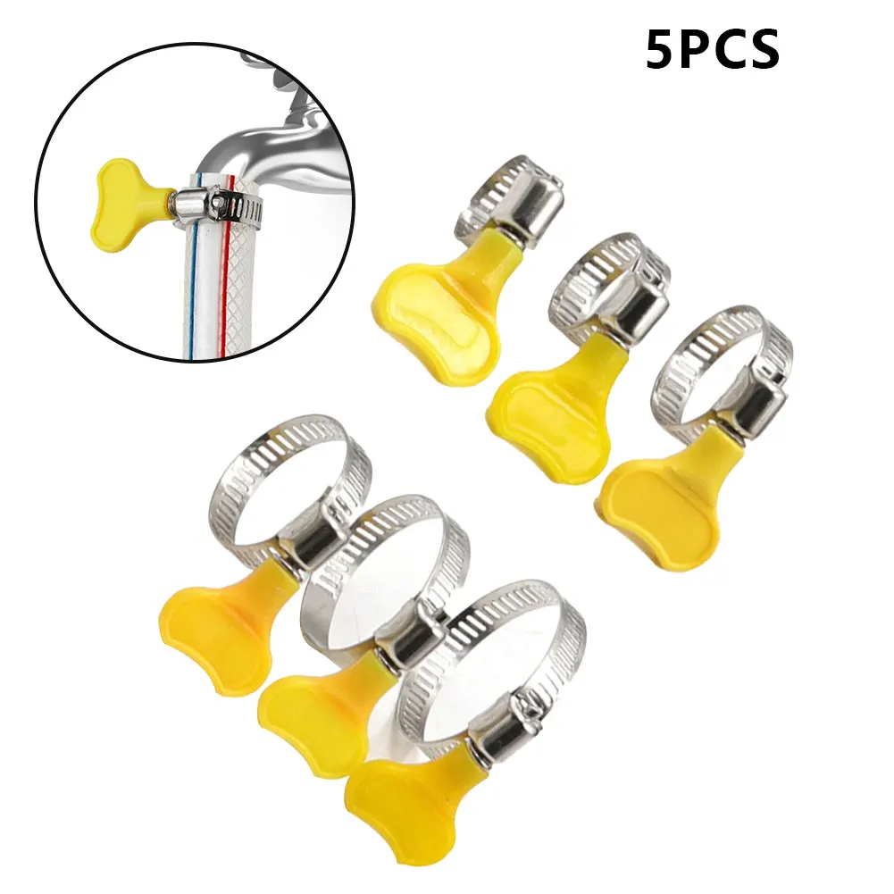 

5pcs 10-38mm Adjustable Yellow Plastic Handle Hand Wriggle Hose Clamps Pipe Clip Water Pipe Fasteners Clamps 201 Stainless Steel
