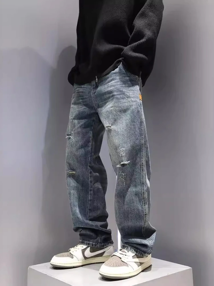 Men's Ripped Jeans Baggy Straight Vintage Denim Pants Hip Hop Trousers