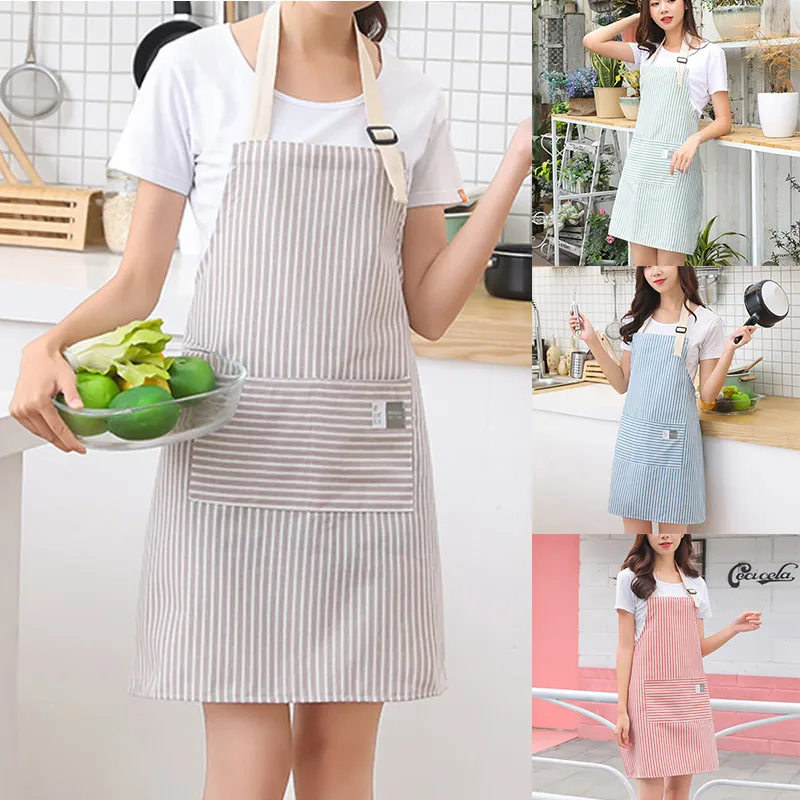 

Kitchen Household Cooking Apron Men Women Oil-proof Waterproof Fashion Coffee Overalls Apron Stripe Pattern Cotton Linen Aprons