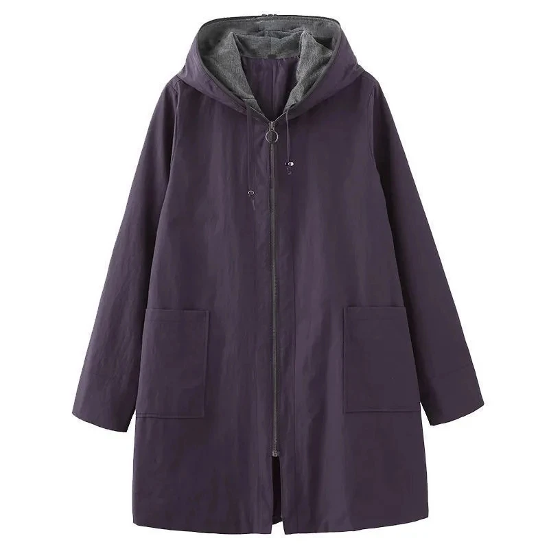 2023 New Women Hooded Windbreaker Fashion Long Sleeve Overcoat Casual Loose Basic Coat Female Mid-Length Solid Color Outerwear