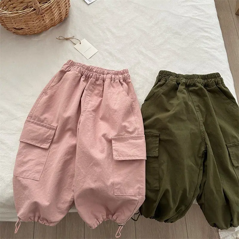 

Autumn New Children Loose Trousers Baby Girls Pocket Cargo Pants Fashion Boys Versatile Casual Pants Kids Solid Wide Leg Pants