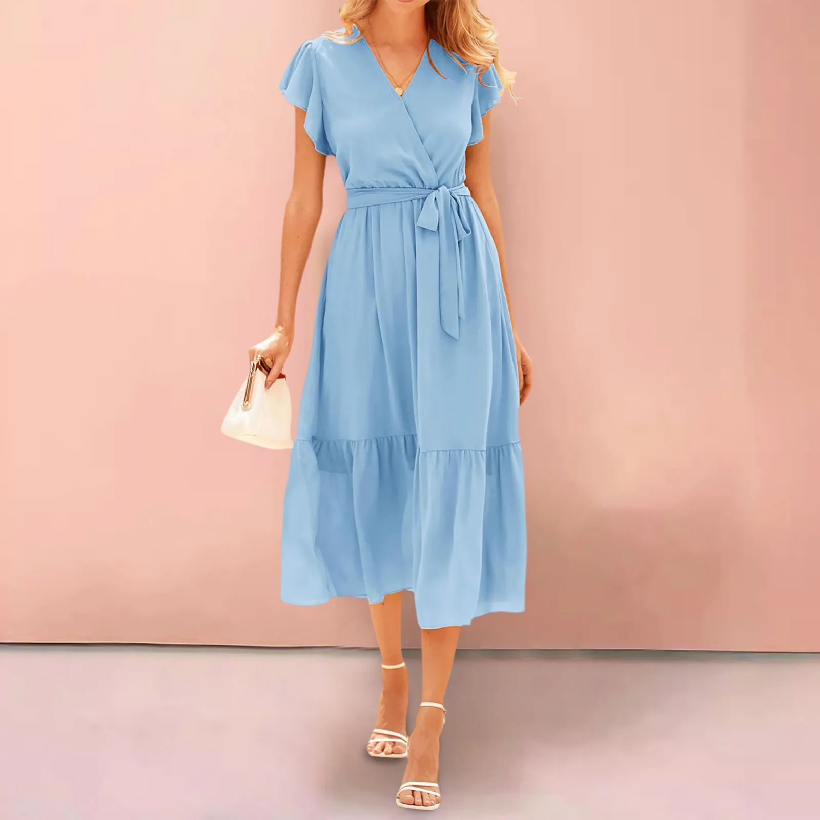 

Women Bohemian Casual Wrap Dresses 2024 Summer Ladies V Neck Ruffle Vestido With Cap Belt A Line Pleated Hem Patchwork Sundress