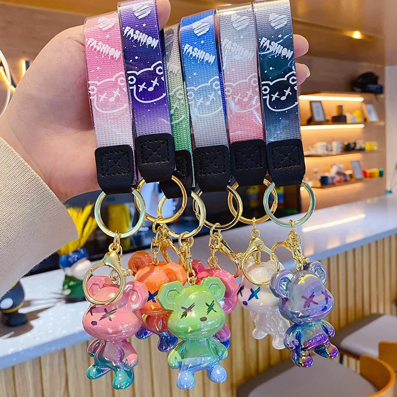 Cute Cartoon Gradient Color Bear Keychain for Women Lanyard Car