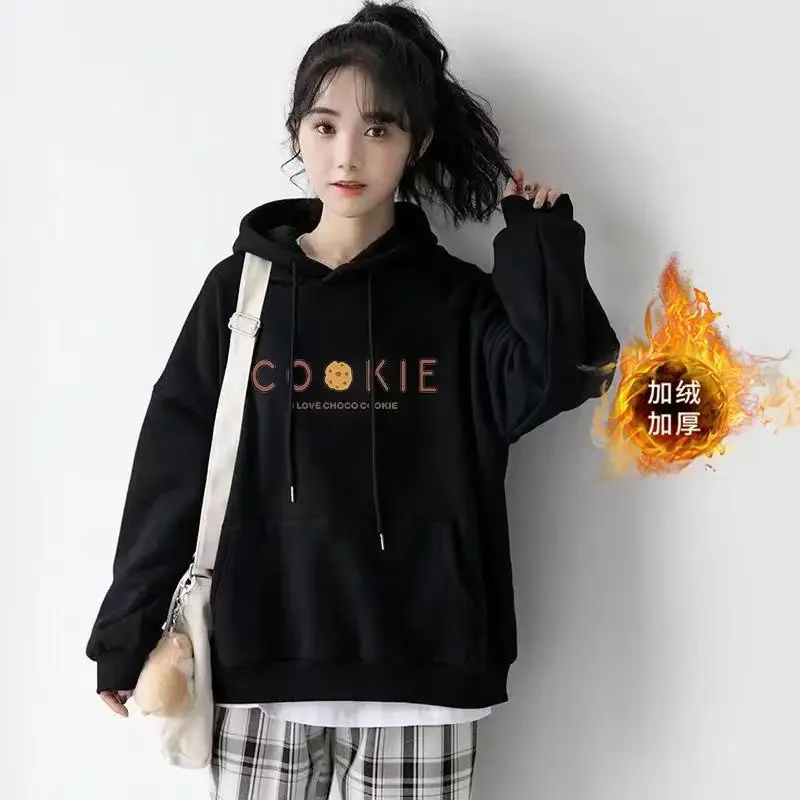 Women Hoodies Winter Korean Hooded Shirt Women Sweatshirts Loose Hoodies Womens Pullovers Warm Hoodie for Women Black Pullover
