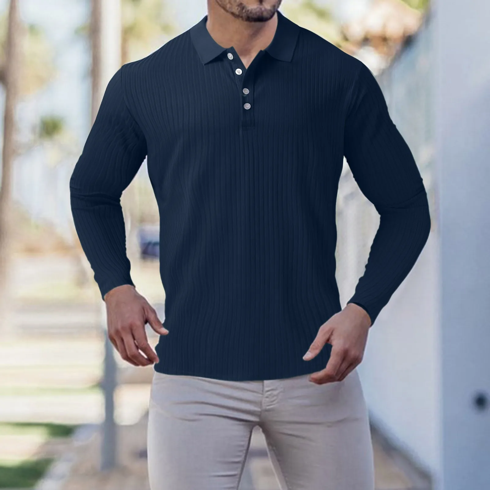 

Mens Polo Shirts Ribbed Solid Color Long Sleeve Fitness Elastic Tees Spring Autumn Vintage Comfortable Sports Basic Polo Male