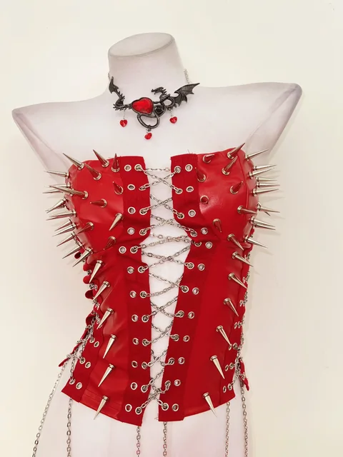 Red Lace Up Spikey Corset Top 6