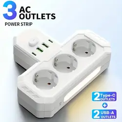 EU Plug Outlet with 4 Sockets and USB Type - C Ports - Versatile Electrical Socket Option - 3 White USB light