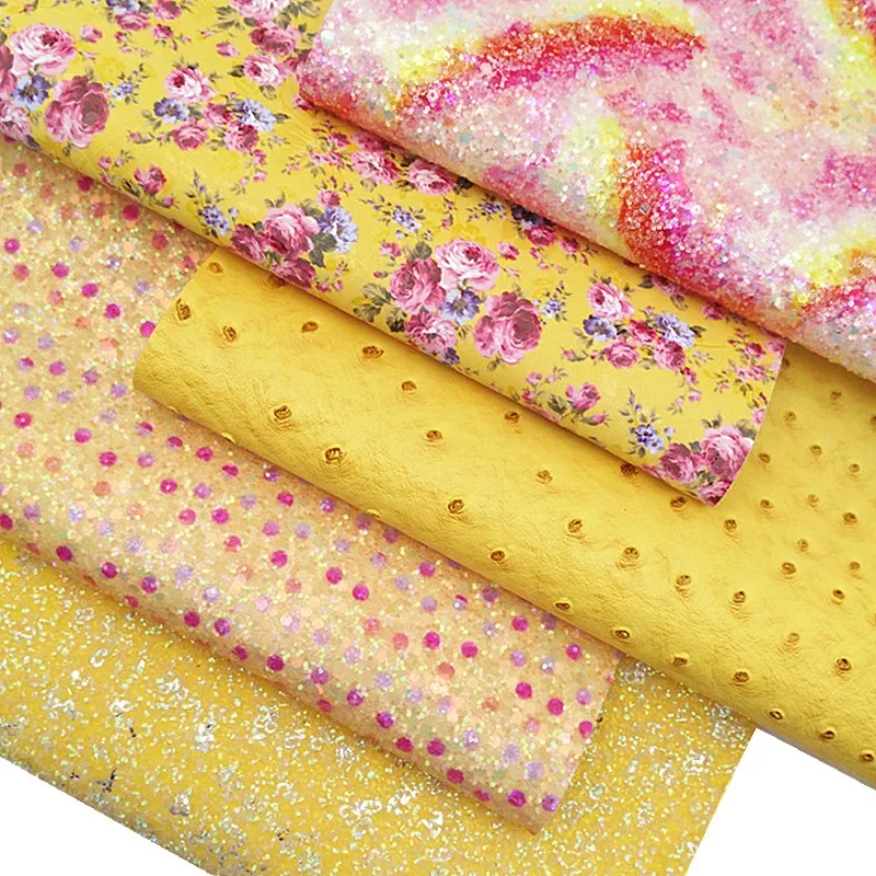 Rainbow Lace Glitter Leather Sheets Polka Dots Custom Glitter Faux Fabric Roses Printed Leather Ostrich Leather DIY 21x29CM Y244