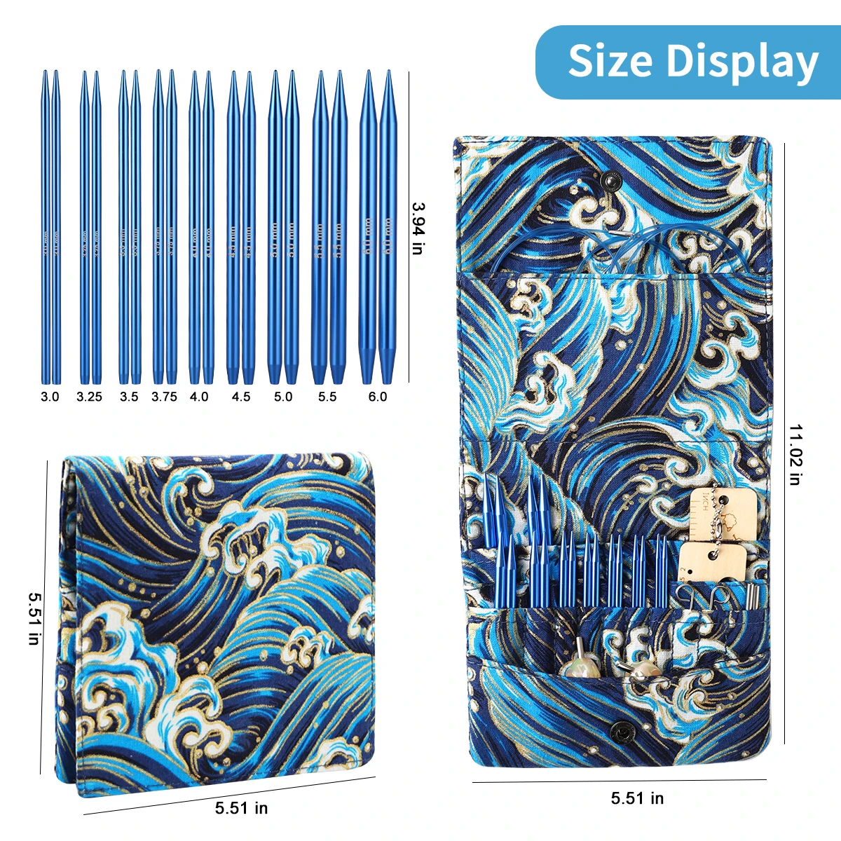 New 18PCS Interchangeable Crochet Needles Set Aluminum Circle Knitting Needles Blue Color Bag with Sewing Tool Accessory Gift