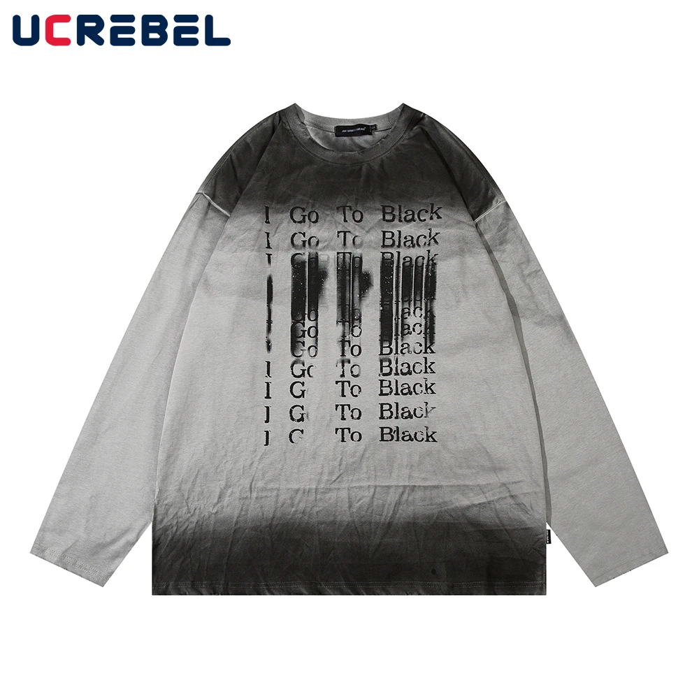 

Gradient Dyed Loose Crew Neck Cotton Tee Mens Autumn Casual Retro Letter Print Long Sleeve T-shirt Men