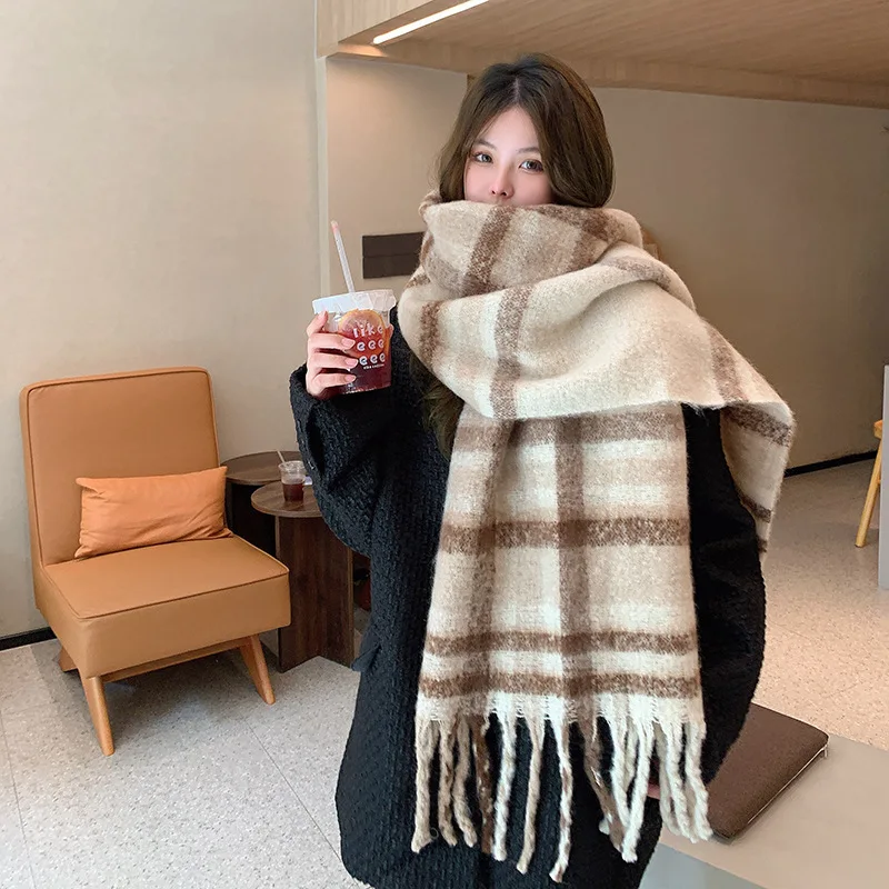 모헤어 단색 여성 스카프, 따뜻한 턱받이 두꺼운 양모 니트 두꺼운 프린지 숄, 외부 면 스카프, 겨울 신상