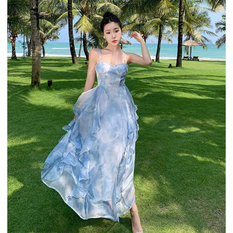 

French haute couture blue camisole dress for women's beach vacation beach dress, stunning chiffon fairy dress