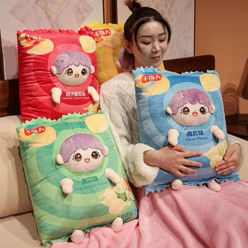 1Pc Creative Cartoon Potato Chip Doll Plush Throw Pillow with Blanket Anime Cute Stuffed Food Snack Soft Plushies Cushion Toys