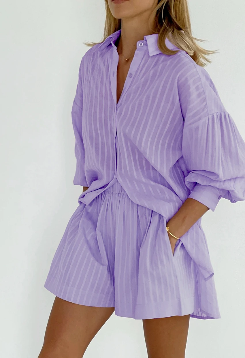 

Однотонная одежда для отдыха в полоску, женские хлопковые шорты, рубашка, комплект из 2 предметов, свободные жаккардовые топы, шорты с эластичным поясом, костюм, летний повседневный наряд