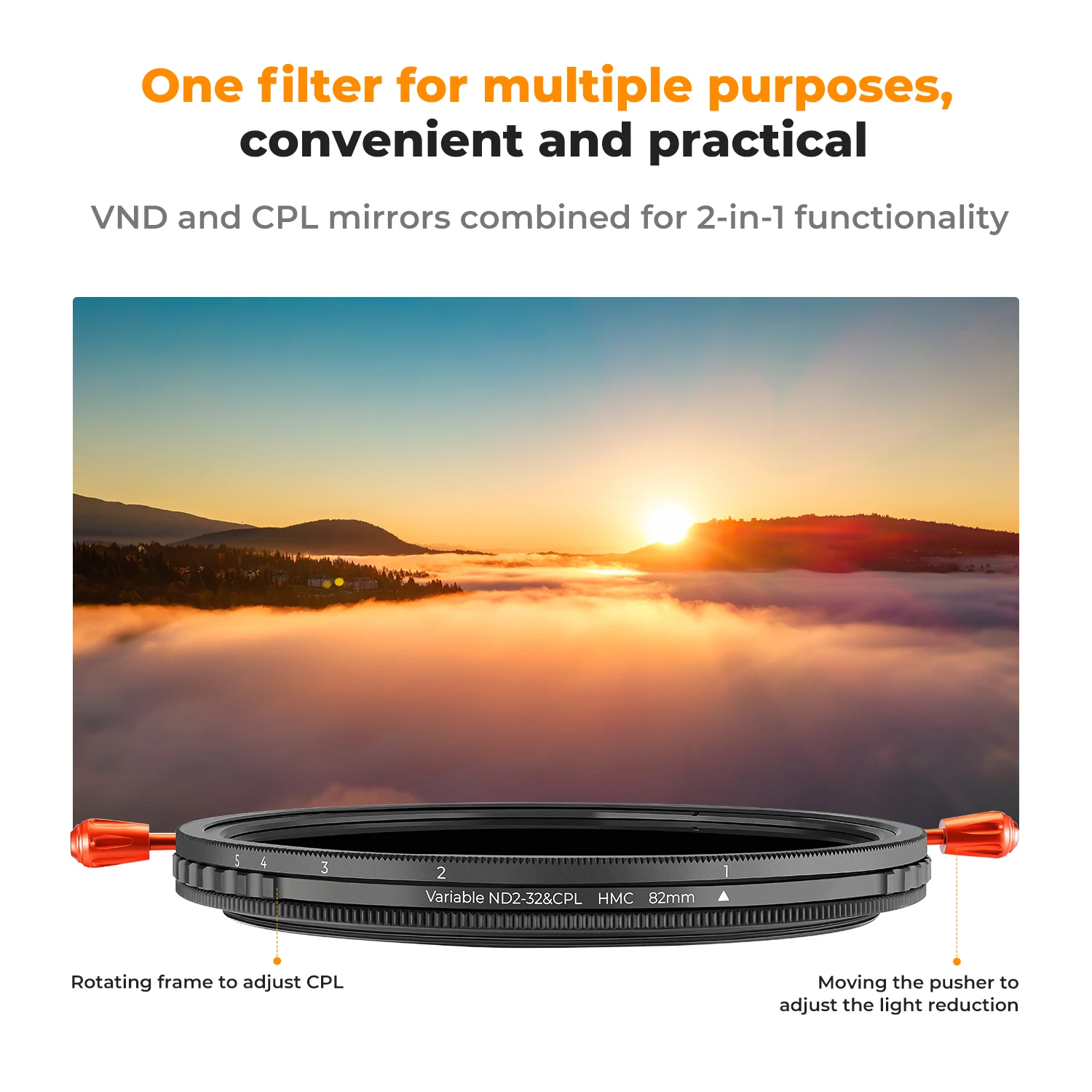 Camera Lens Filter Variable ND Filter Photography Filter K&F Concept Nano-C Variable ND2-32&CPL 2In 1 Filter 1-5 Stops 49mm 52mm 58mm 67mm 72mm 77mm 82mm No Black X Cross