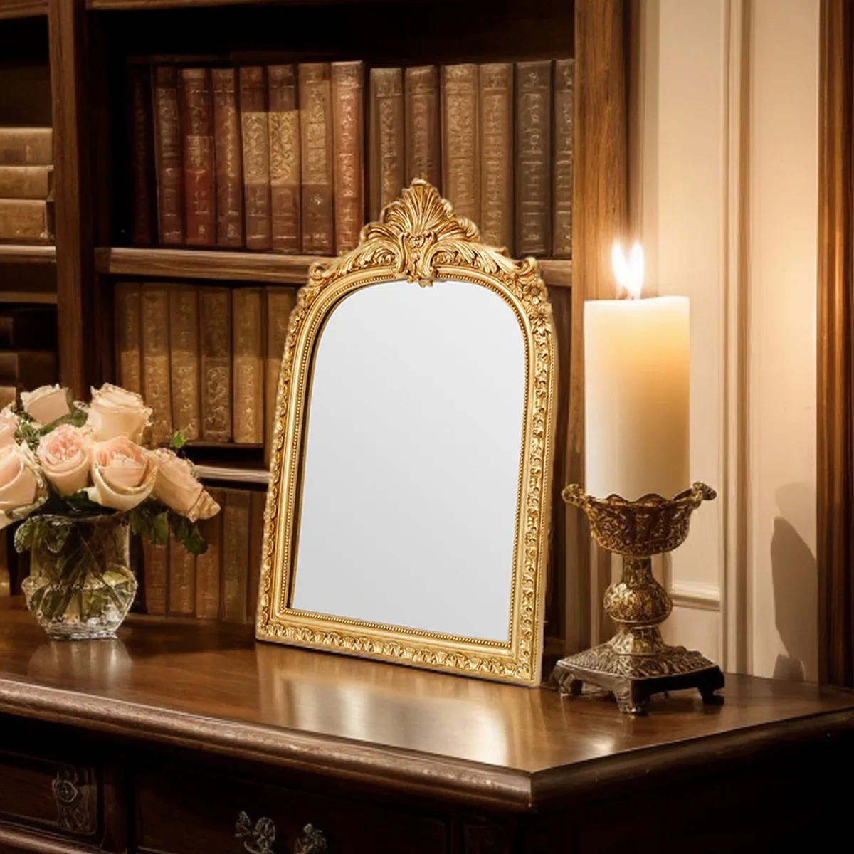 1PC, resin material, golden arched lace decorative hanging mirror, wall decoration and dressing table mirror