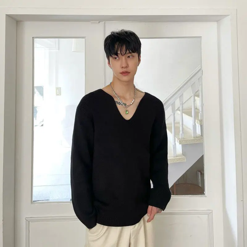 2023 Autumn KPOP Fashion Style Harajuku Slim Fit Tops Loose Casual All Match Undershirt Insert V Neck Solid Long Sleeve Sweaters