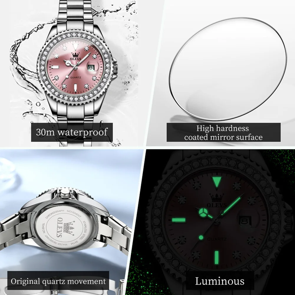 OLEVS Women Watches Top Brand Luxury Diamond Quartz Watch Women Stainless Steel Waterproof Calendar Fashion Wristwatch Ladies