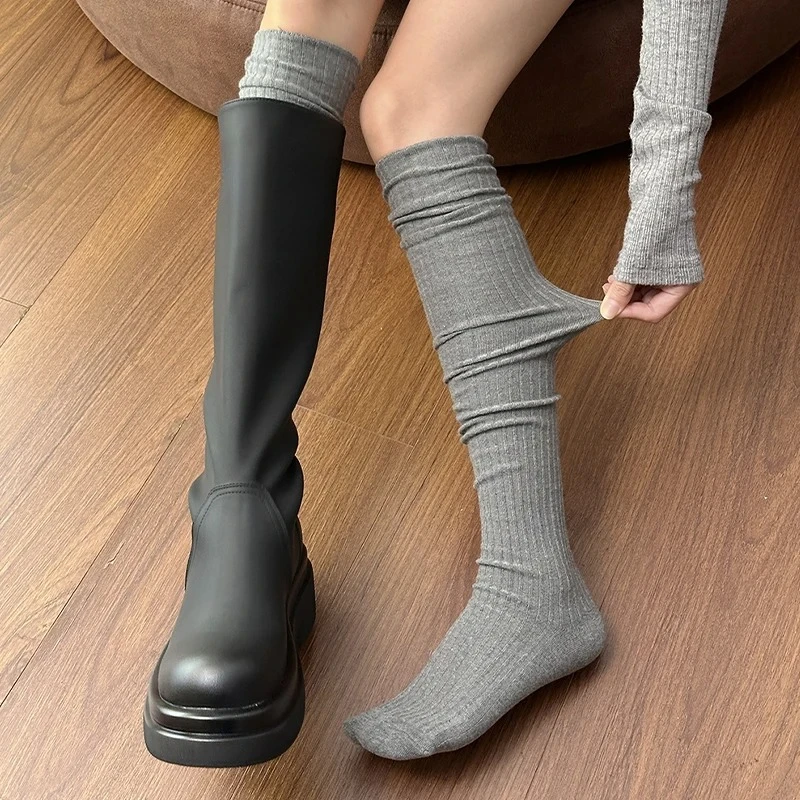Pure Cotton Knee-high Socks Solid Color Keep Warm Calf