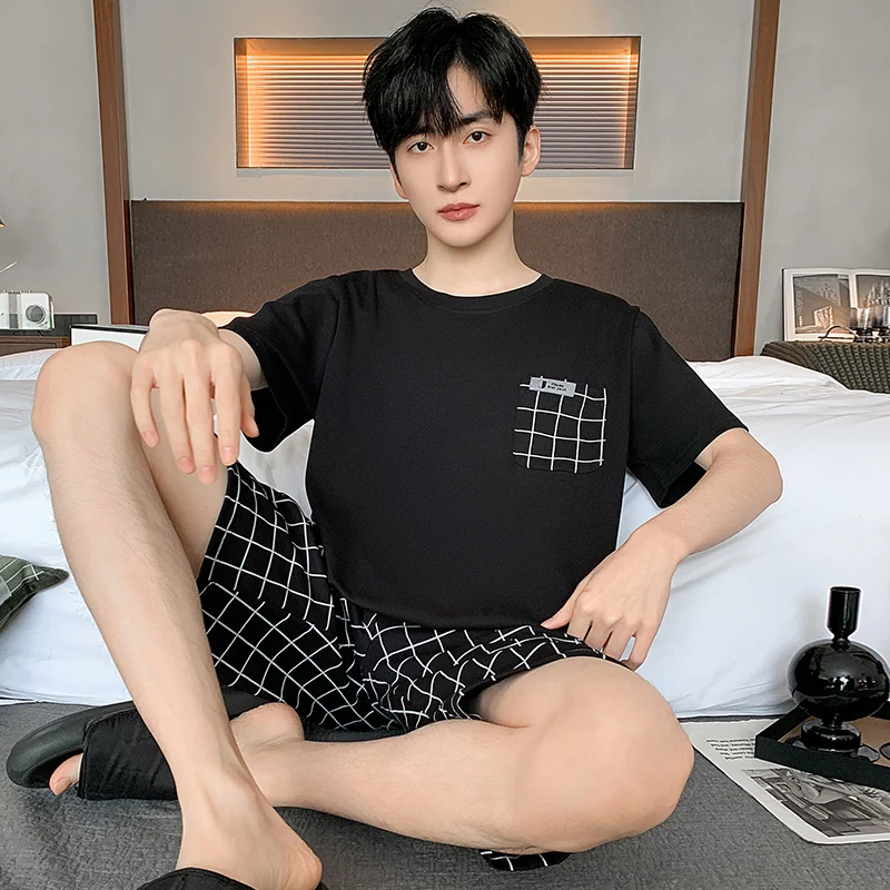 Summer Men's Short Sleeve plus size Pajama Set Cotton Loungewear Plaid Nightwear for students casual sport Pijamas L-4XL Pjs