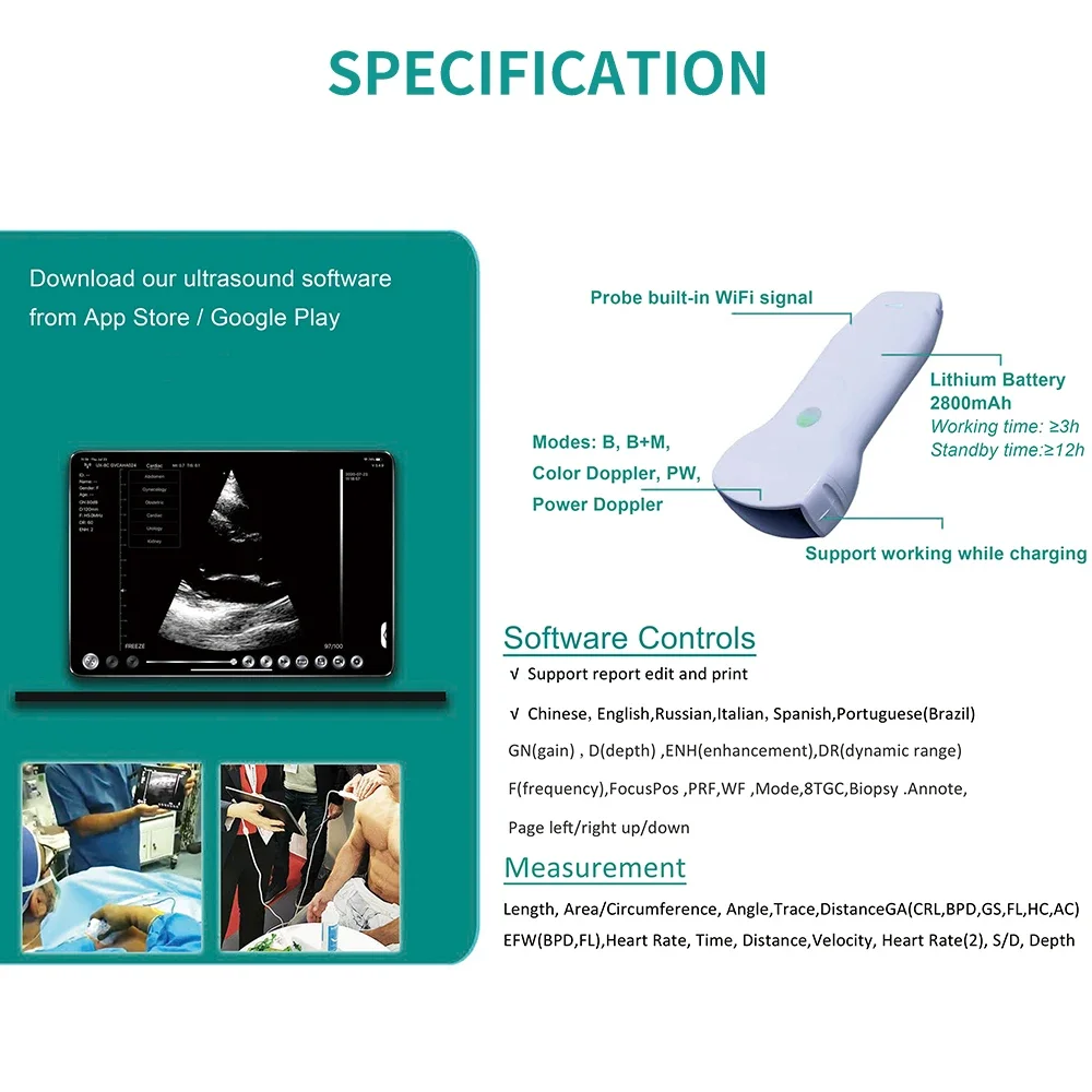 Bezdrátový ultrazvuk skener dvojí hlava konvexní + lineární + srdeční přednastavený 3 v 1 sonda C10RL