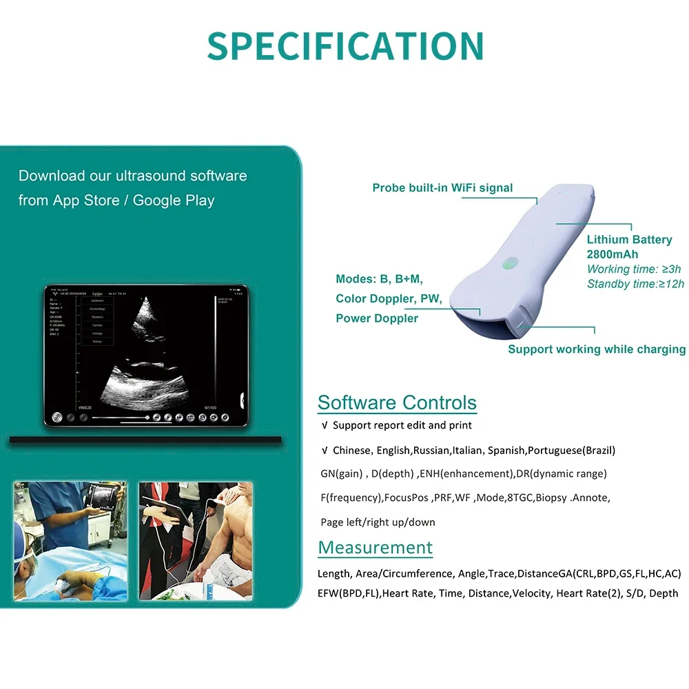 Ultrasonograf bezprzewodowa z podwójną głowicą wypukłą + liniową + prostownica serca 3 w 1 sonda C10RL