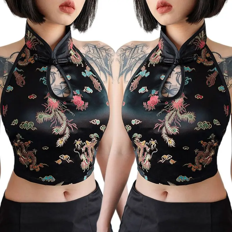 

Womens Chinese Halter Sleeveless Crop Top Dragon Embroidery Backless Vest Dropship