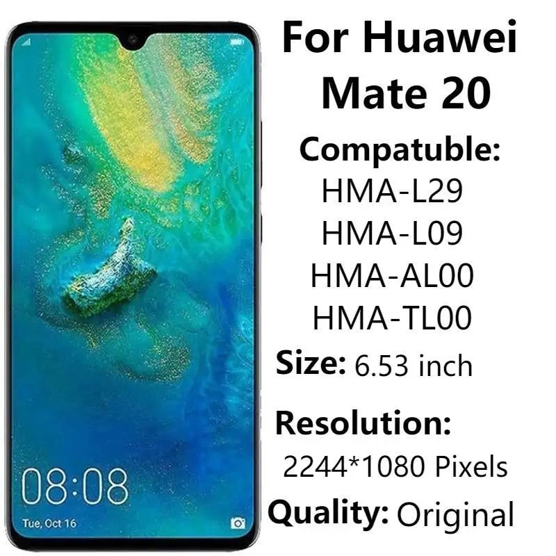 

6.53" AMOLED With Frame For Huawei Mate 20 HMA-TL00 L29 L09 AL00 LCD Display Screen Touch Digitizer Assembly Replacement parts