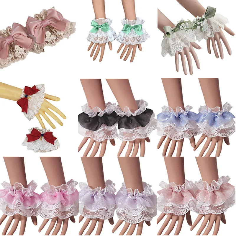 Japanese Lolita Hand Sleeve Wrist Cuffs cosplay wrist cuffs cosplay bracelet Sweet Ruffled Lace Multicolor Bowknot Maid Cosplay Bracelet for Wedding Party