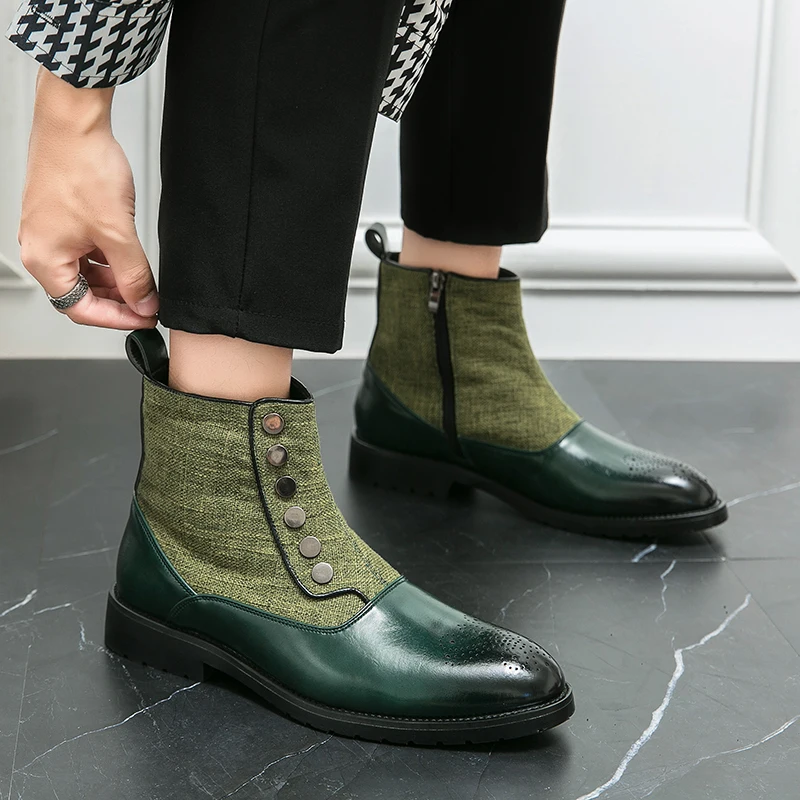 

Men's Classical Chelsea Boots Green Slip-On Cowboy Boots Men Fashion Ankle Boot Mens Designer Casual Short Boots High-Top Shoes