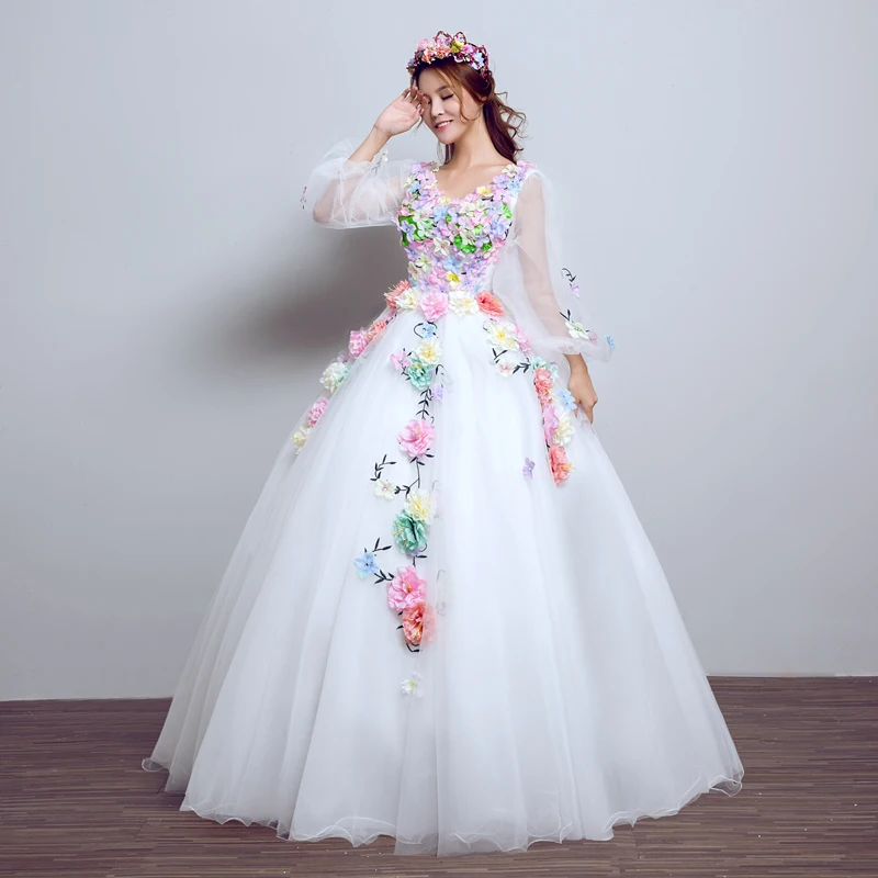 White Classic Quinceanera Dress Elegant Flower Fairy Puffy Ball Gown Long Sleeves Theme Stage Solo Vestidos De Fiesta Customized