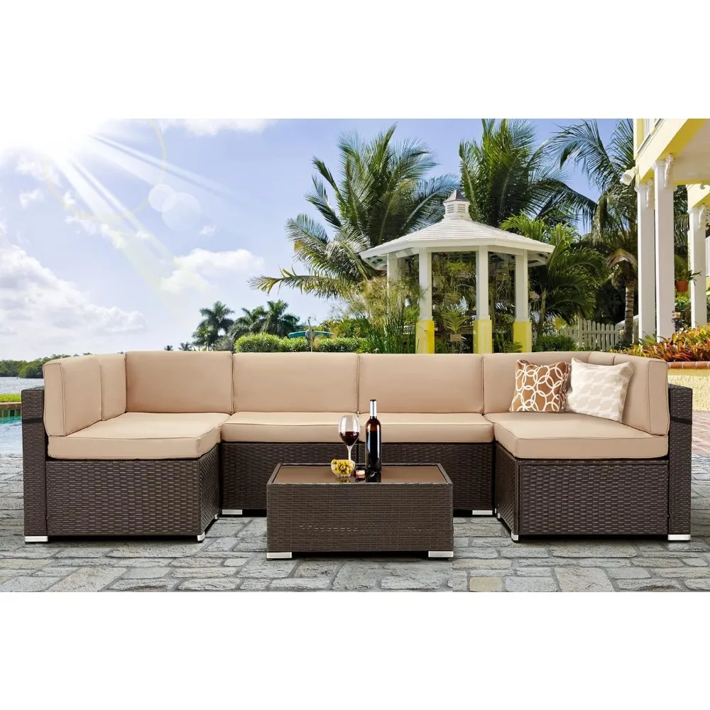 

Outdoor Patio Furniture Set, PE Rattan Wicker Sofa Set, Outdoor Sectional Furniture Chair Set with Cushions and Tea Table, Brown