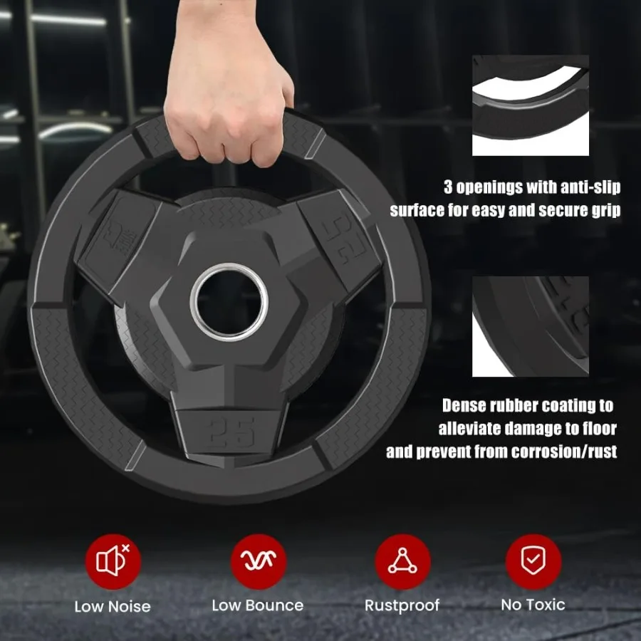 2Inch Rubber Coated Grip Weight Plates for Barbell: Solid Cast Iron Dumbbells Ideal for Strength Training Weightlifting CrossFi