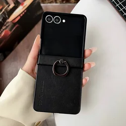 Luxury Leather Ring Holder 3-Piece Set: Elegant Shockproof Case with Hinge Protection for Galaxy Z Flip5 (Black)