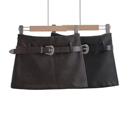 Black mini skirts for woman korean fashion faux leather skirt vintage clothes brown PU skirts with belt harajuku fashion