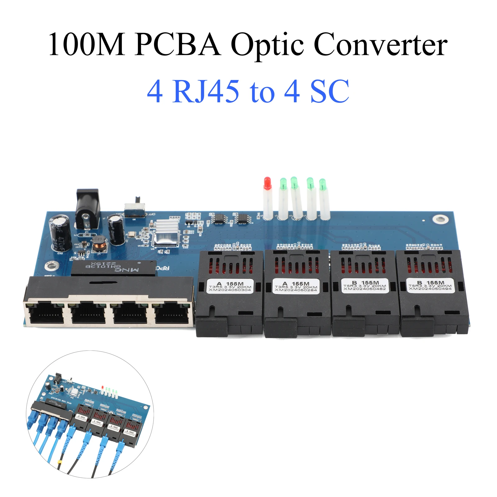 PCBA Board Fiber Media Converter 10M/100M 4 RJ45 to 4 SC 2A+2B Fiber Connectors 1310nm/1550nm Ports 20KM Ethernet Switch